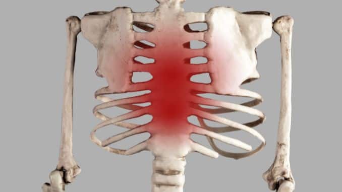 skeleton with red point at breastbone